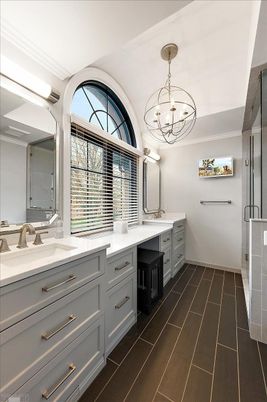 Bathroom, Chandelier, Dual Sink Vanities, Interior, Pendant Lights