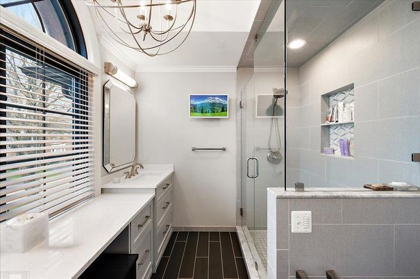 Bathroom, Glass Shower, Interior, Recessed Lighting, Wood Texture Flooring