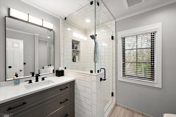 Bathroom, Dual Sink Vanities, Glass Shower, Interior, Recessed Lighting, Wood Texture Flooring