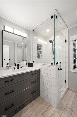 Bathroom, Dual Sink Vanities, Glass Shower, Interior, Recessed Lighting, Wood Texture Flooring