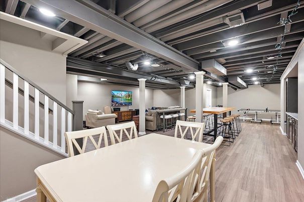 Dining room, Interior, Recessed Lighting, Wood Texture Flooring