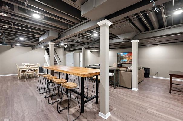 Dining room, Interior, Recessed Lighting, Wood Texture Flooring