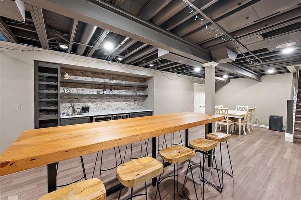 Dining room, Interior, Recessed Lighting, Wood Texture Flooring