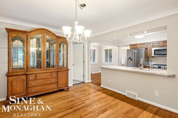 Chandelier, Interior, Kitchen, Pendant Lights, Recessed Lighting, Stainless Steel Appliances, Wood Texture Flooring
