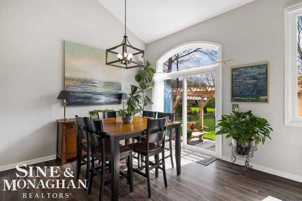 Dining room, Interior, Pendant Lights, Wood Texture Flooring