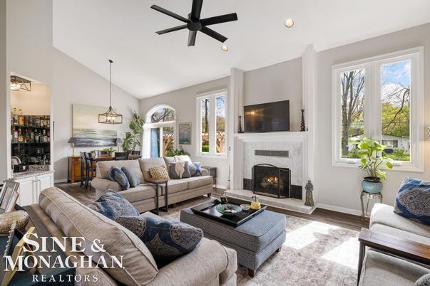 Dining room, Fireplace, Interior, Living room, Pendant Lights, Recessed Lighting