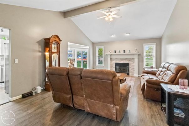 Fireplace, Interior, Living room, Recessed Lighting, Wood Texture Flooring