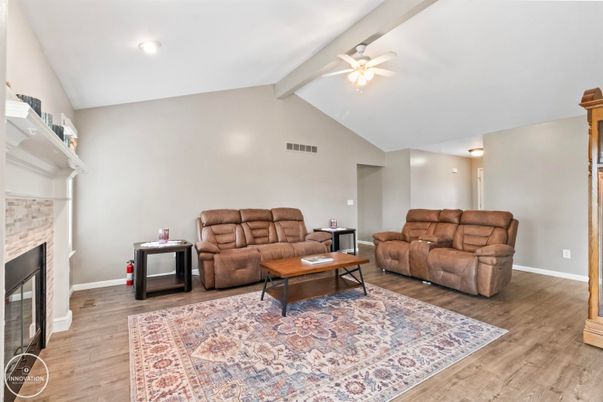 Fireplace, Interior, Living room, Recessed Lighting, Wood Texture Flooring