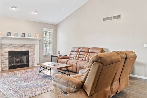 Fireplace, Interior, Living room, Recessed Lighting, Wood Texture Flooring