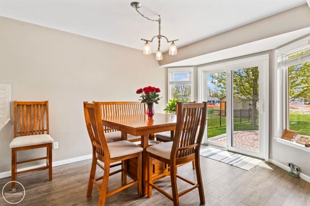 Dining room, Interior, Pendant Lights, Wood Texture Flooring