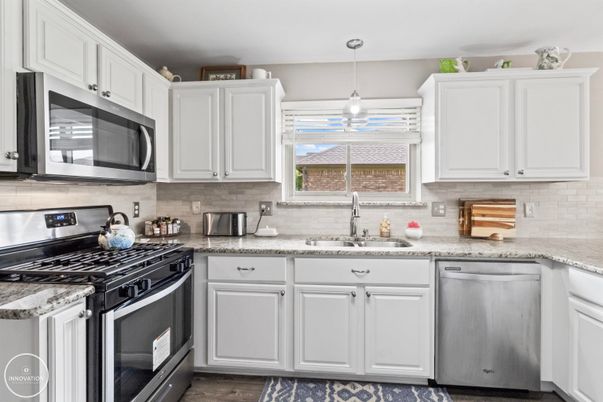 Interior, Kitchen, Pendant Lights, Stainless Steel Appliances, Wood Texture Flooring