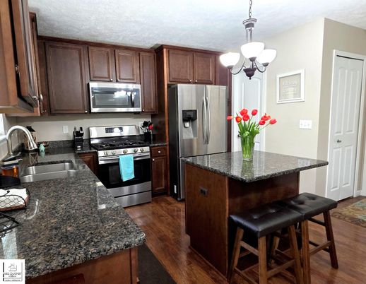 Chandelier, Interior, Kitchen, Pendant Lights, Stainless Steel Appliances, Wood Texture Flooring
