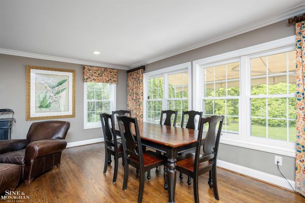 Dining room, Interior, Recessed Lighting, Wood Texture Flooring