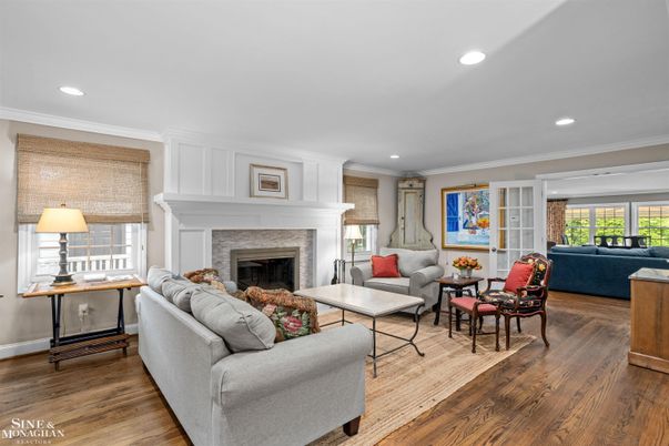 Fireplace, Interior, Living room, Recessed Lighting, Wood Texture Flooring
