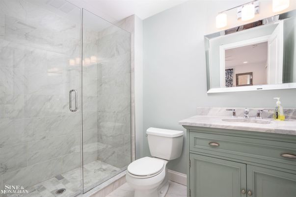 Bathroom, Glass Shower, Interior, Marble Walls, Recessed Lighting