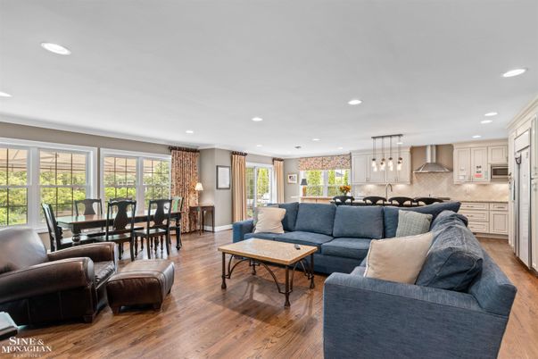 Dining room, Interior, Kitchen, Living room, Pendant Lights, Recessed Lighting, Stainless Steel Appliances, Wood Texture Flooring