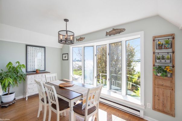 Dining room, Interior, Pendant Lights, Wood Texture Flooring