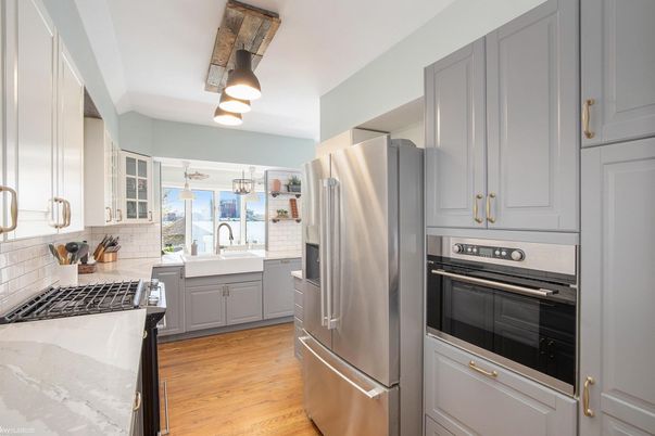 Interior, Kitchen, Stainless Steel Appliances, Water, Wood Texture Flooring
