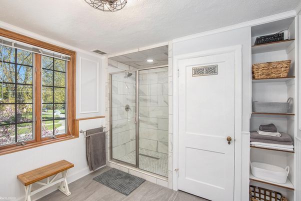 Bathroom, Glass Shower, Interior, Recessed Lighting, Wood Texture Flooring