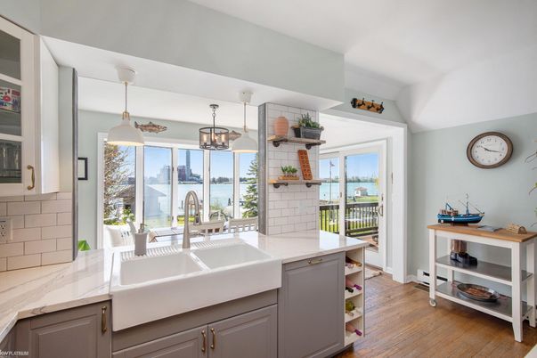 Interior, Kitchen, Pendant Lights, Water, Wood Texture Flooring