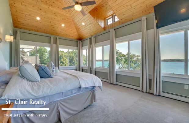 Bedroom, Interior, Recessed Lighting, Water, Wooden Ceilings