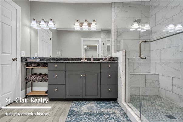 Bathroom, Glass Shower, Interior, Marble Walls, Wood Texture Flooring