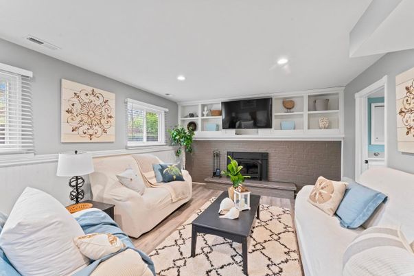 Fireplace, Interior, Living room, Recessed Lighting, Wood Texture Flooring