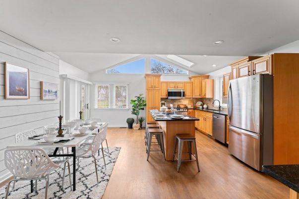 Dining room, Interior, Kitchen, Recessed Lighting, Stainless Steel Appliances, Wood Texture Flooring