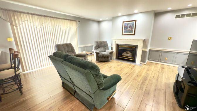 Fireplace, Interior, Living room, Recessed Lighting, Wood Texture Flooring