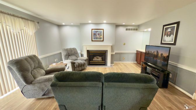 Fireplace, Interior, Living room, Recessed Lighting, Wood Texture Flooring