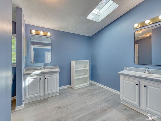 Bathroom, Dual Sink Vanities, Interior, Tile Countertops, Wood Texture Flooring