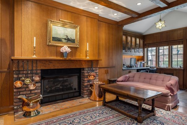 Fireplace, Interior, Recessed Lighting, Wooden Beams, Wood Texture Flooring, Wooden Walls