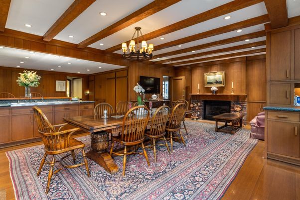Chandelier, Dining room, Fireplace, Interior, Kitchen, Recessed Lighting, Wooden Beams, Wood Texture Flooring, Wooden Walls