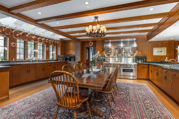 Chandelier, Dining room, Interior, Kitchen, Recessed Lighting, Stainless Steel Appliances, Wooden Beams, Wood Texture Flooring