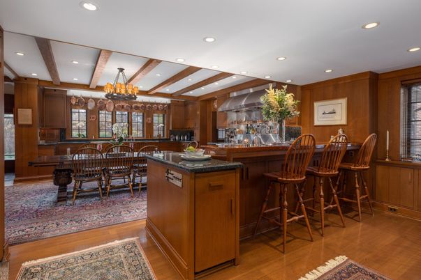 Chandelier, Dining room, Interior, Kitchen, Recessed Lighting, Wooden Beams, Wood Texture Flooring