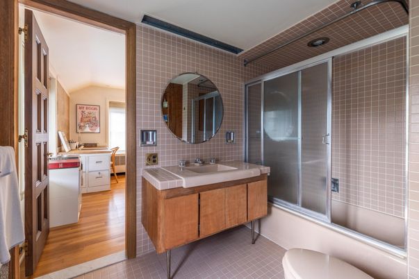 Bathroom, Dual Sink Vanities, Interior, Tile Countertops, Wood Texture Flooring