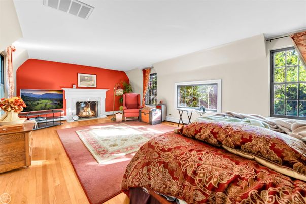 Bedroom, Fireplace, Interior, Wood Texture Flooring