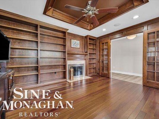 Empty room, Fireplace, Interior, Recessed Lighting, Wood Texture Flooring, Wooden Walls