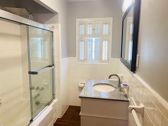 Bathroom, Glass Shower, Interior, Wood Texture Flooring