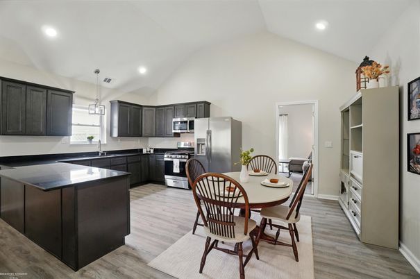 Dining room, Interior, Kitchen, Pendant Lights, Recessed Lighting, Stainless Steel Appliances, Wood Texture Flooring