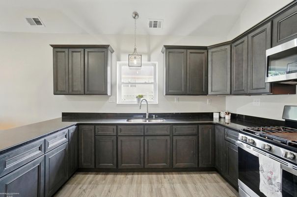 Interior, Kitchen, Pendant Lights, Stainless Steel Appliances, Wood Texture Flooring