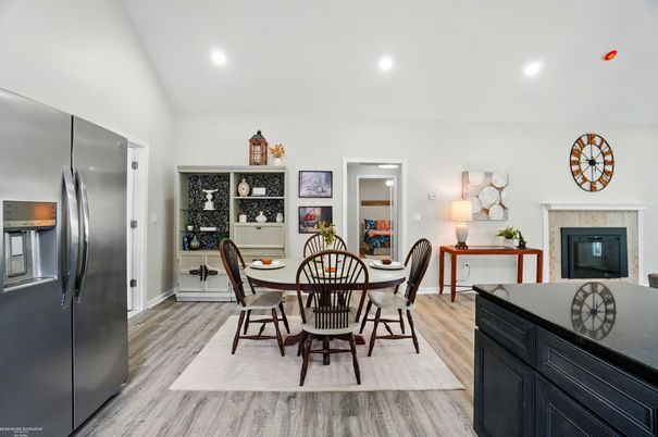 Dining room, Fireplace, Interior, Kitchen, Recessed Lighting, Wood Texture Flooring