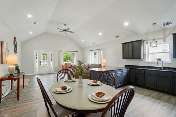 Dining room, Interior, Pendant Lights, Recessed Lighting, Wood Texture Flooring