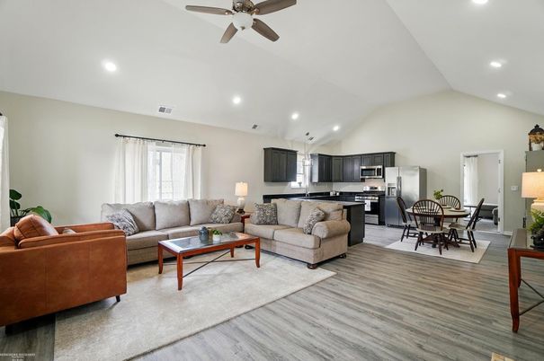 Dining room, Interior, Kitchen, Living room, Recessed Lighting, Stainless Steel Appliances, Wood Texture Flooring