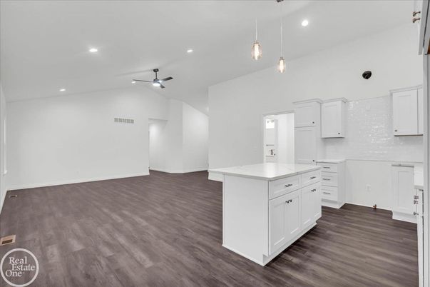 Empty room, Interior, Kitchen, Pendant Lights, Recessed Lighting, Wood Texture Flooring