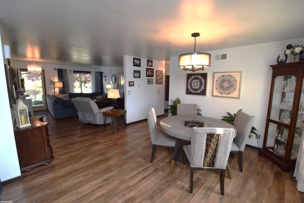 Dining room, Interior, Living room, Pendant Lights, Wood Texture Flooring