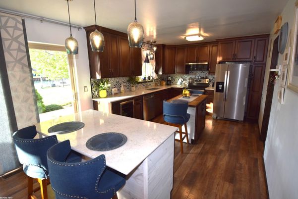 Interior, Kitchen, Pendant Lights, Stainless Steel Appliances, Wood Texture Flooring