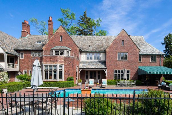 Exterior, Facade, Brick Facade, Pool, Tudor Revival