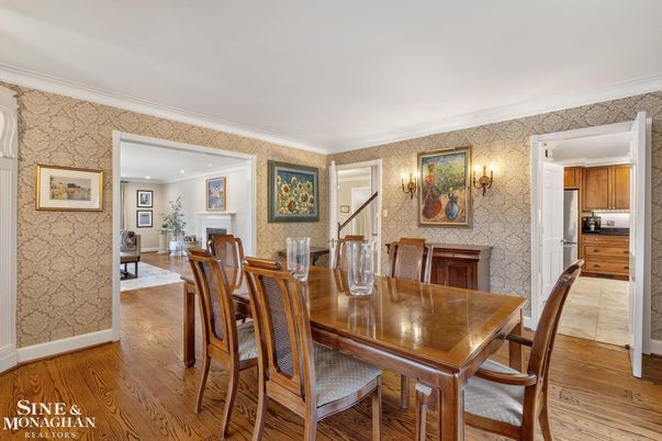 Dining room, Fireplace, Interior, Kitchen, Wood Texture Flooring