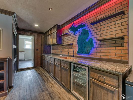 Interior, Kitchen, Recessed Lighting, Stone Walls, Wood Texture Flooring